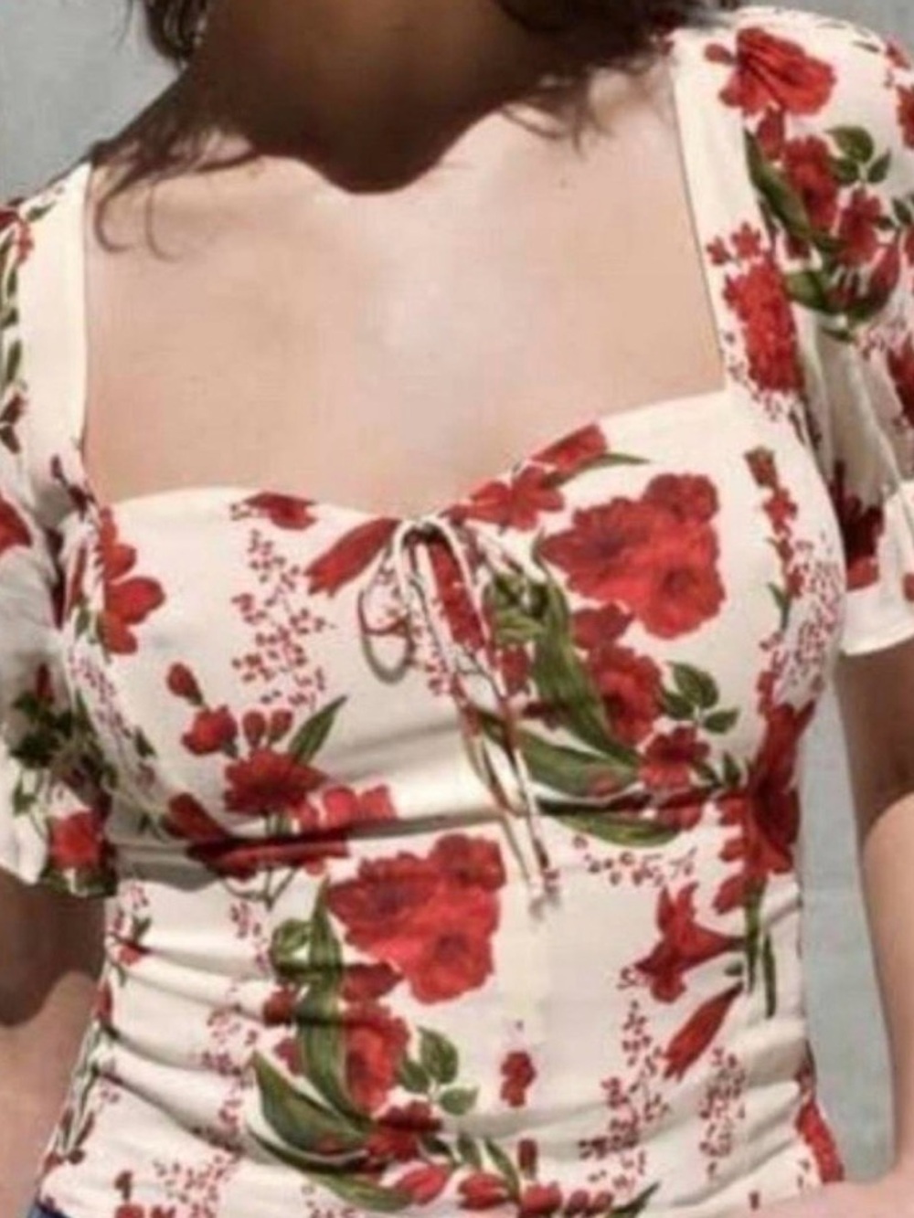 Reformation rose develan White Blouse with Red & Green Floral Print